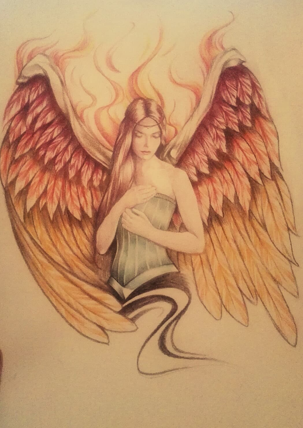 Angel Fire hand-drawn artwork: a winged woman with fire-colored wings, hands over her heart, eyes downcast